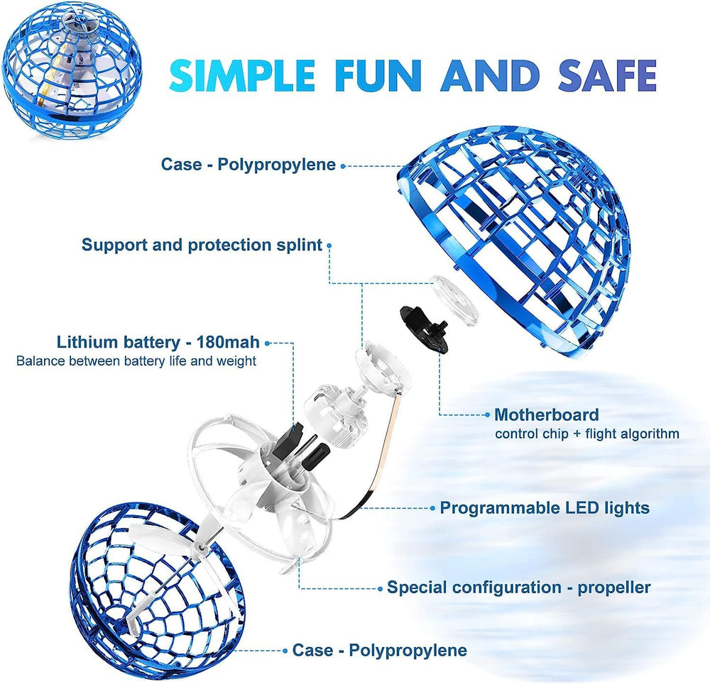 MERRYHOME Flying Orb Ball Toy blue front view shows vibrant LED flight mode.