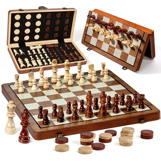 MerryPony 2-in-1 magnetic chess and checkers board in smooth inlaid wood for stable travel play