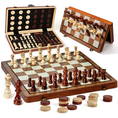 MerryPony 2-in-1 magnetic chess and checkers board in smooth inlaid wood for stable travel play