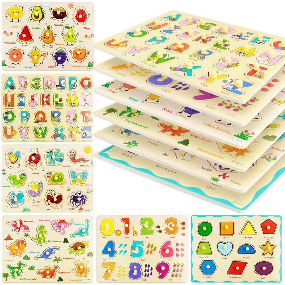 MerryPony wooden peg puzzle letter pieces boost early literacy and recognition.