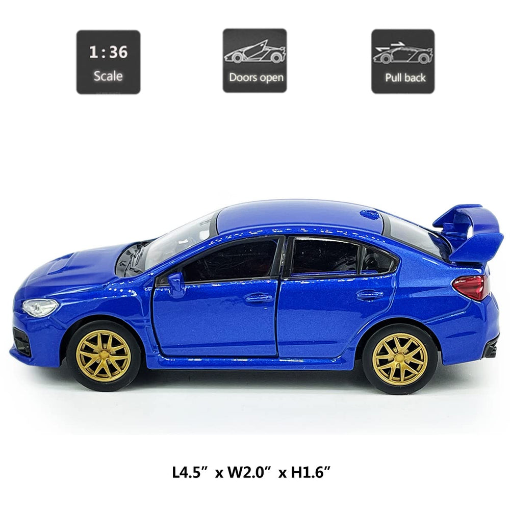 Blue Metanyl Impreza WRX STI pull-back action car in hand