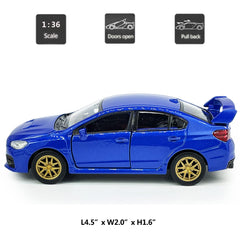 Blue Metanyl Impreza WRX STI pull-back action car in hand