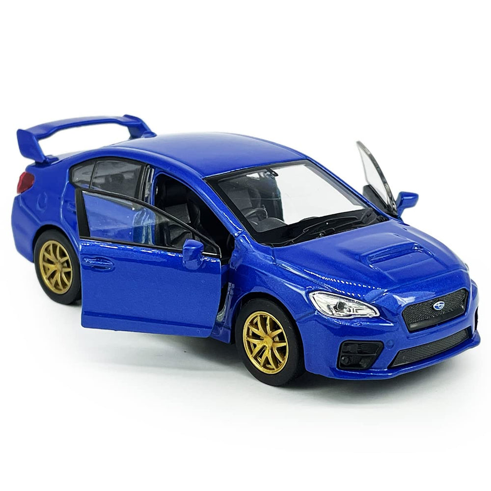 Rubber tires on blue Metanyl Impreza WRX STI diecast car