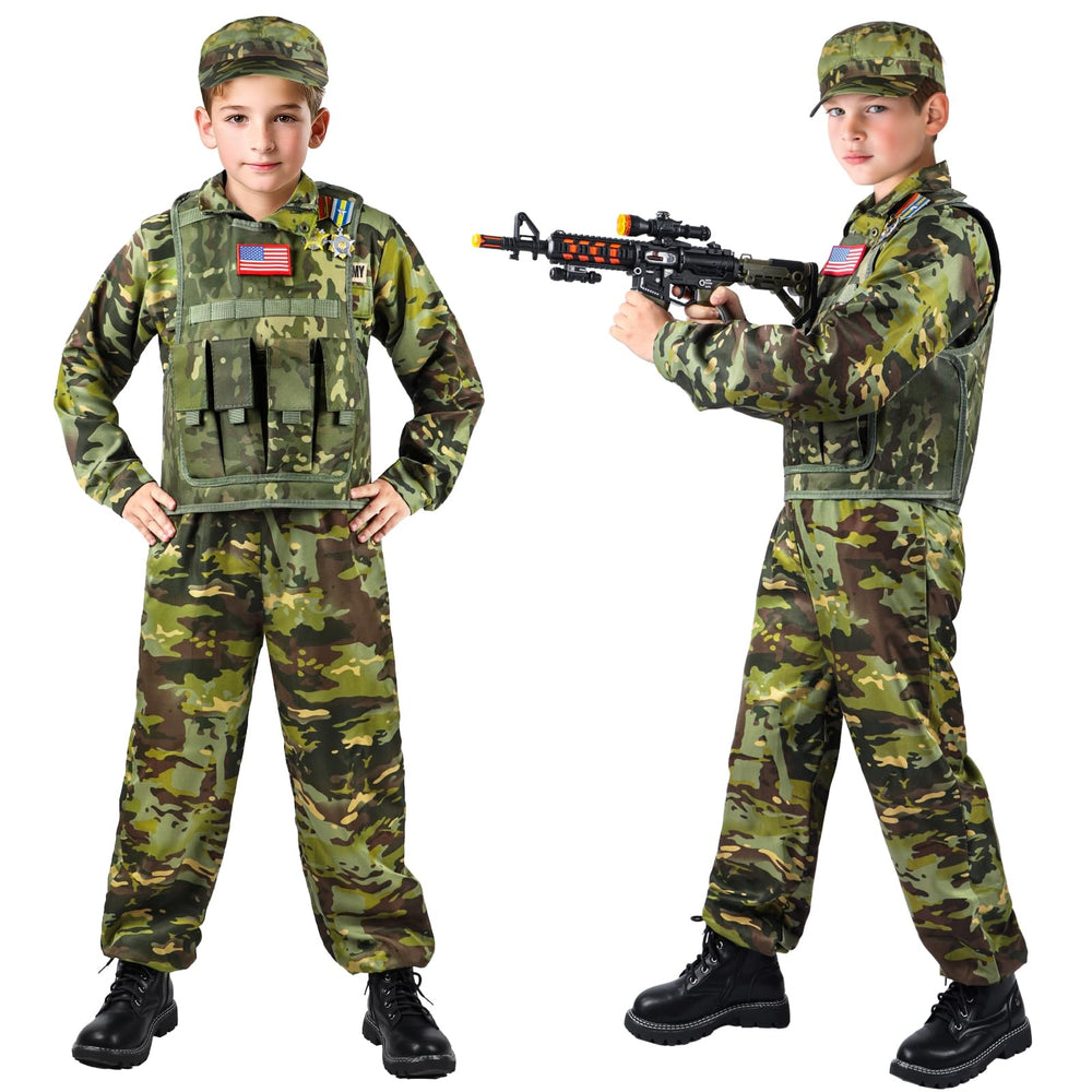 Metemot kids army costume jacket enhances comfort with realistic military styling.