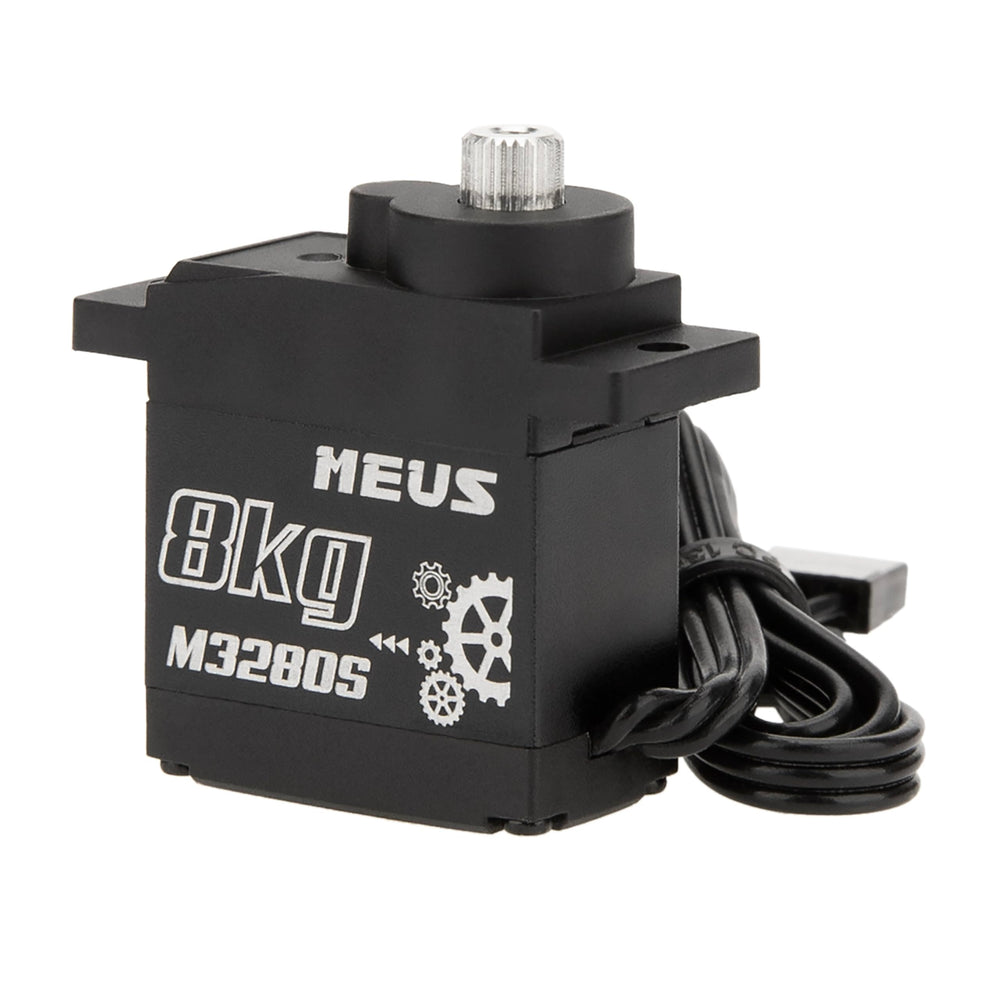 MEUS RACING 8KG servo for Axial SCX24, side view showing rugged metal gears for durability