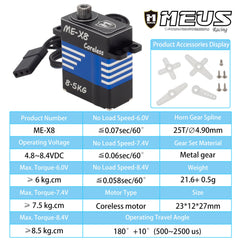 MEUS RACING coreless servo 8.5kg gear closeup highlights metal gears and durability.