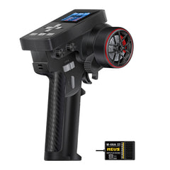 MEUS RACING ME-8B transmitter front view with ergonomic grip for precise handling.