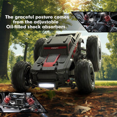 MEW4 brushless RC car side view highlights rugged red and black styling