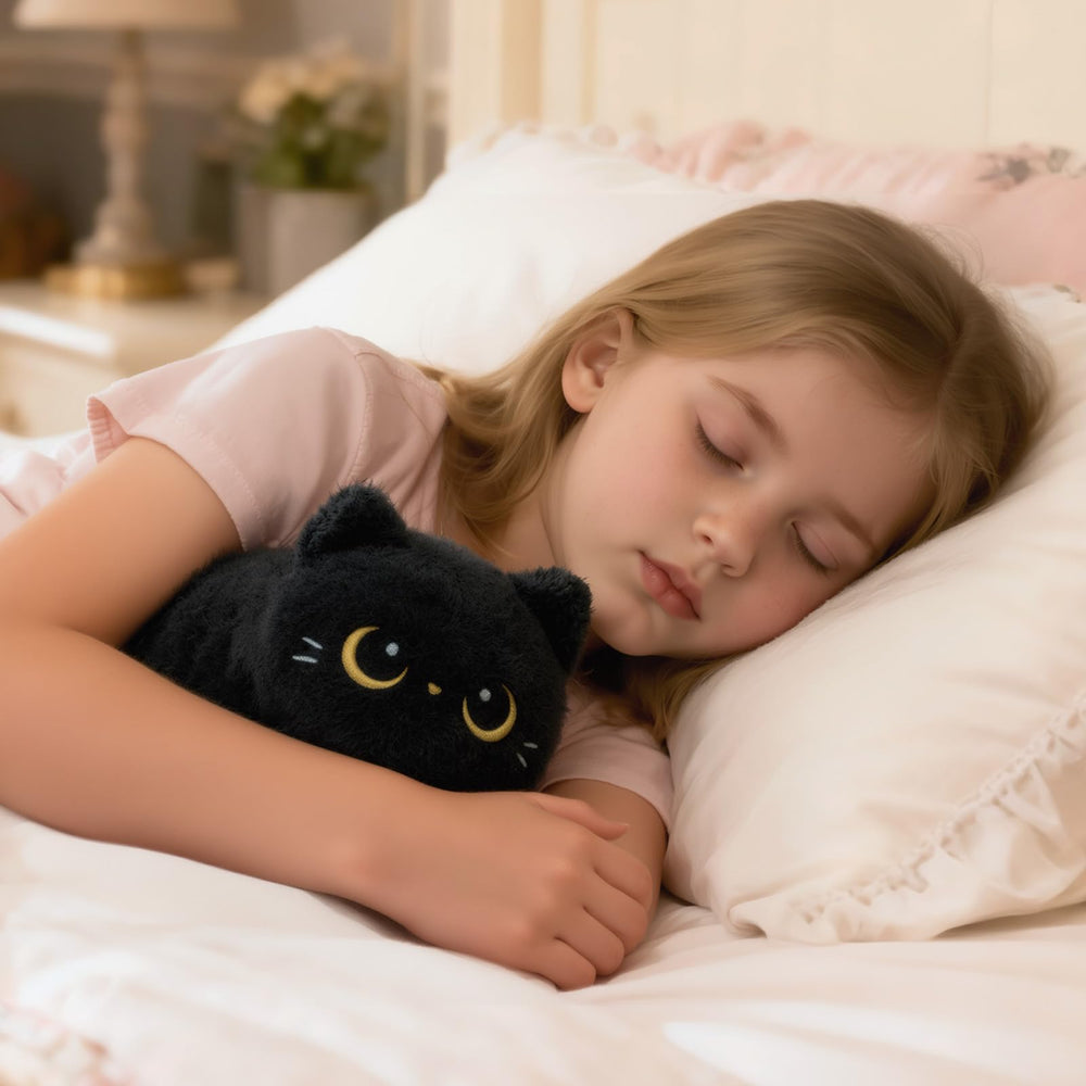 Mewaii black cat plush features a cute face for friendly hugs.