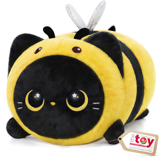 Mewaii cute black cat bee plush close-up shows soft fur and friendly face