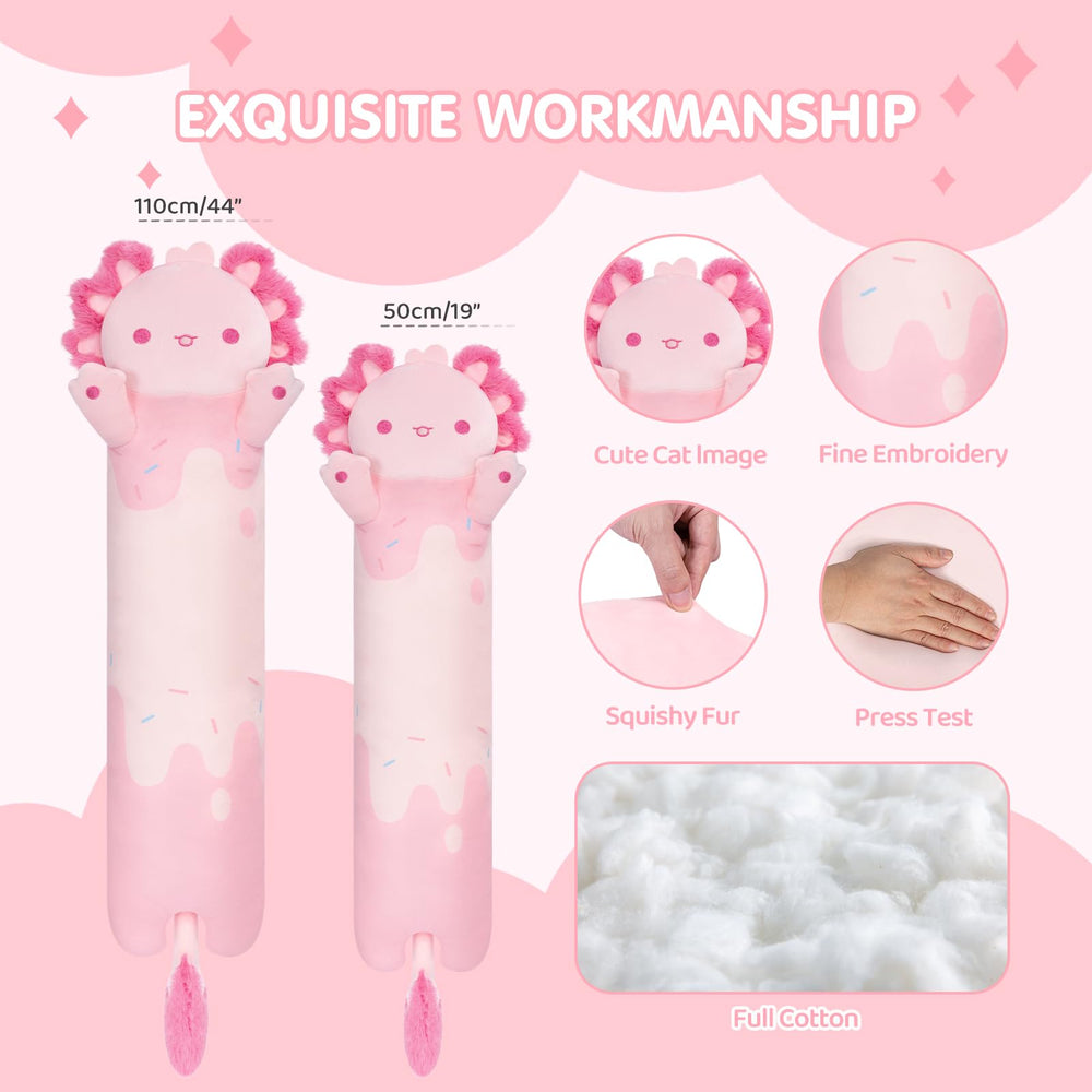 Mewaii long axolotl plush 130cm – enveloping sleep pillow for full-body support.