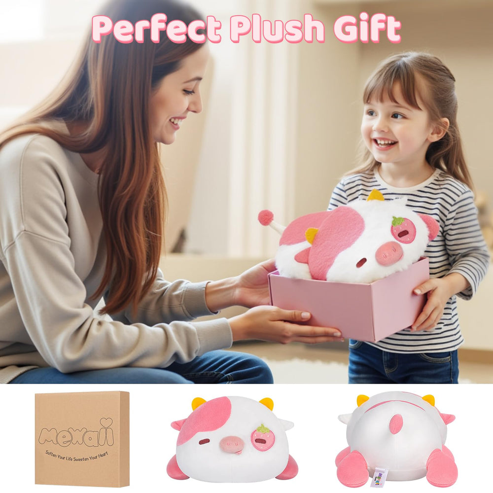 Mewaii strawberry cow plush pillow 13-inch size for easy display.