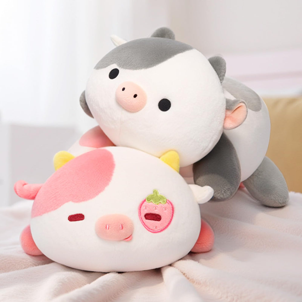 Mewaii strawberry cow plush pillow bedtime toy; soothing companion for nighttime stories.