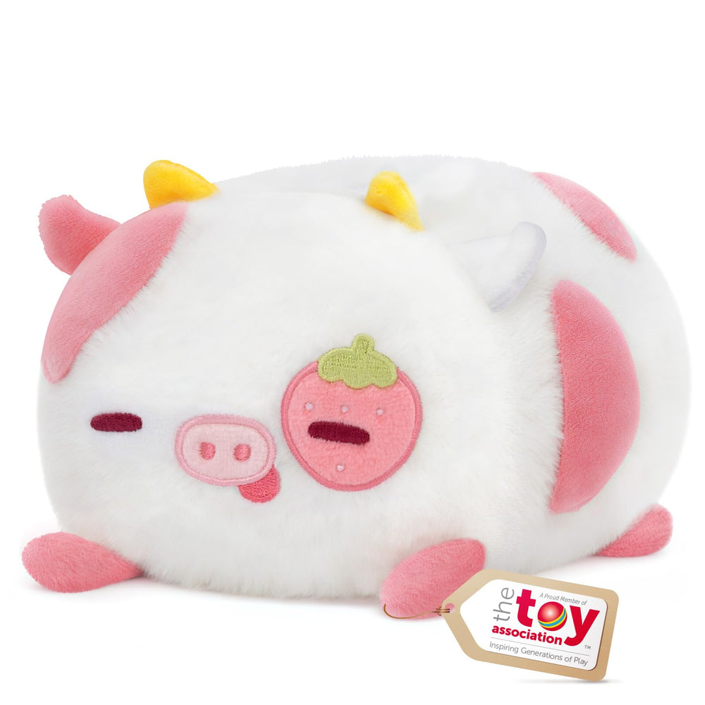 Mewaii Strawberry Cow Plush Pillow close-up of face for cozy hugs