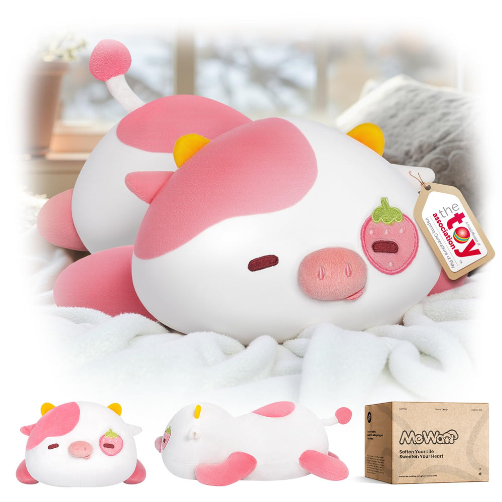 Mewaii strawberry cow plush pillow face; soft cuddling companion for bedtime.