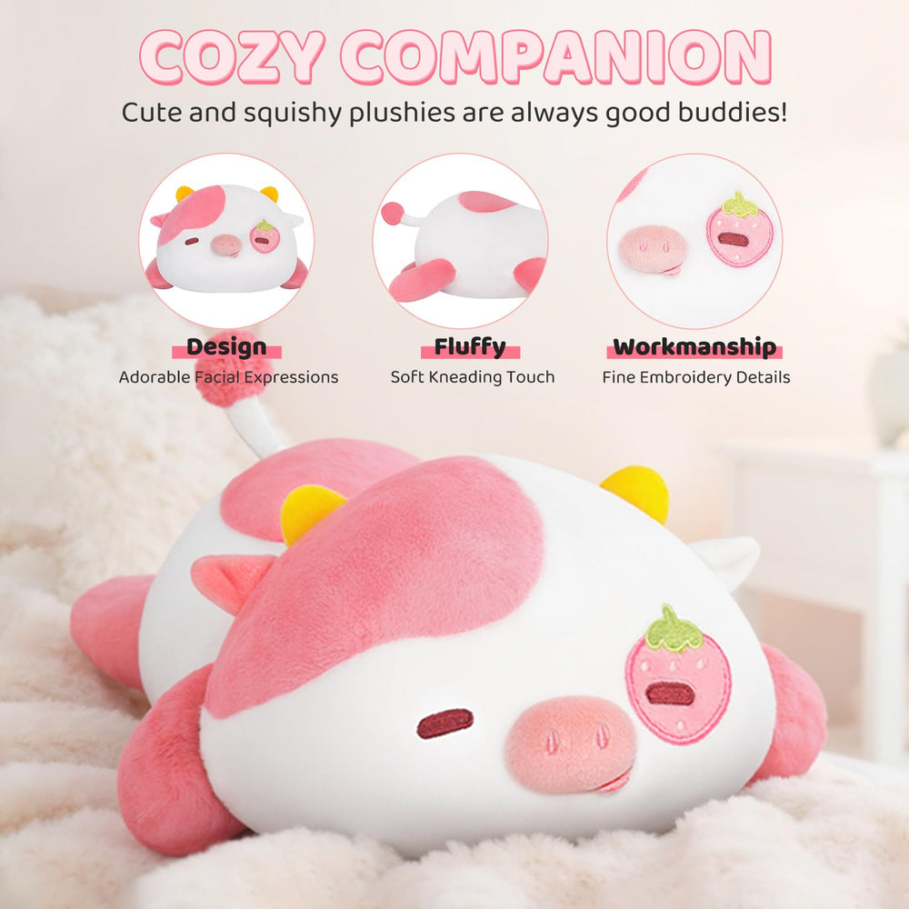 Mewaii strawberry cow plush pillow room decor; adds warm, kawaii charm.