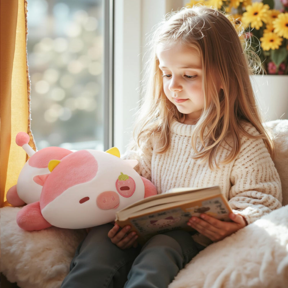 Mewaii strawberry cow plush pillow machine washable care-friendly.