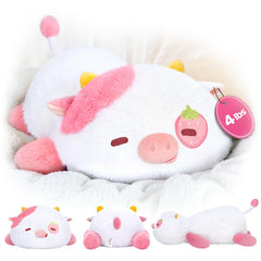 Mewaii weighted strawberry cow 23in side view for calming hugs.