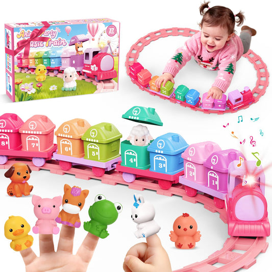 Meytccve pink train set toy with moving train and sounds for toddlers.
