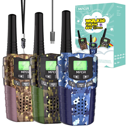 Mfcir rechargeable kids camouflage walkie talkies, front view for outdoor adventures.