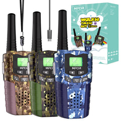 Mfcir rechargeable kids camouflage walkie talkies, front view for outdoor adventures.