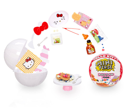 MGA's Miniverse Make It Mini Food Hello Kitty ball opens to reveal tiny foods for display and collection.