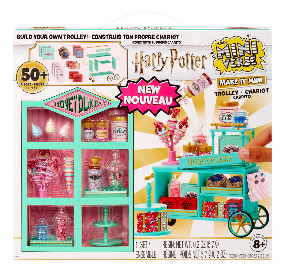 MGA's Miniverse Make It Mini Honeydukes Trolley pieces ready for display.