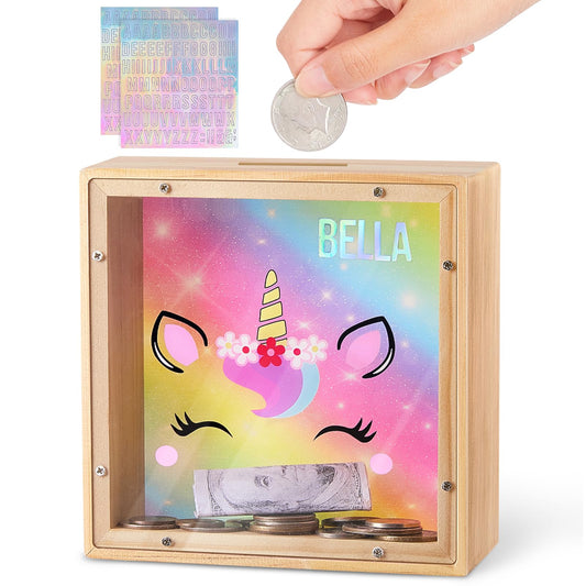 MHJY piggy bank for kids with dinosaur rainbow design and clear panel for saving
