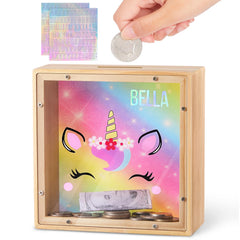 MHJY piggy bank for kids with dinosaur rainbow design and clear panel for saving