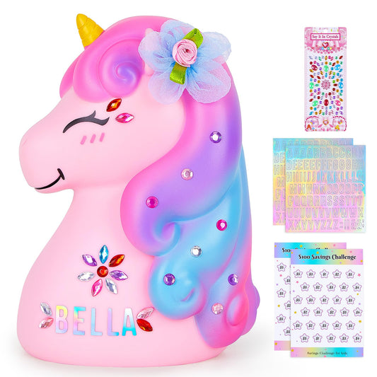 MHJY unicorn piggy bank front view showing durable vinyl build for daily use