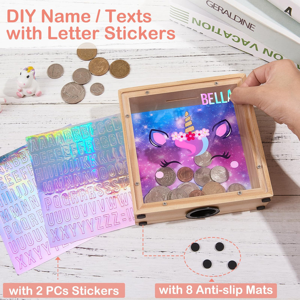 MHJY Wooden piggy bank with clear acrylic window to track savings.