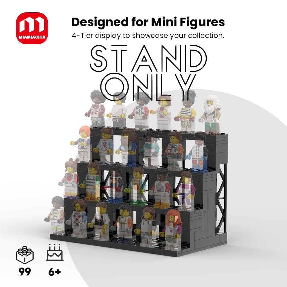 MIAMIACITA Lego minifigure visibility with theater-style shelves enhances display.