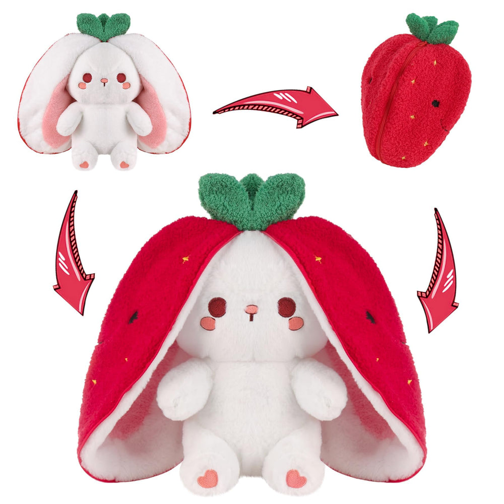 MIAODAM Strawberry Bunny Plush with zipper transform for playful reveals