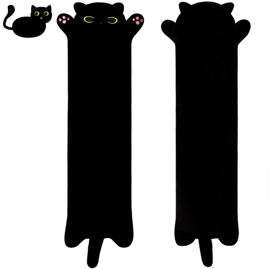 MIAOHAHA long black cat plush pillow on sofa for cozy lounging.