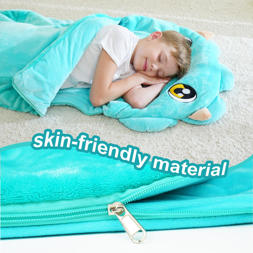 Micling kid sleeping bag features pillow fold for easy travel and storage.