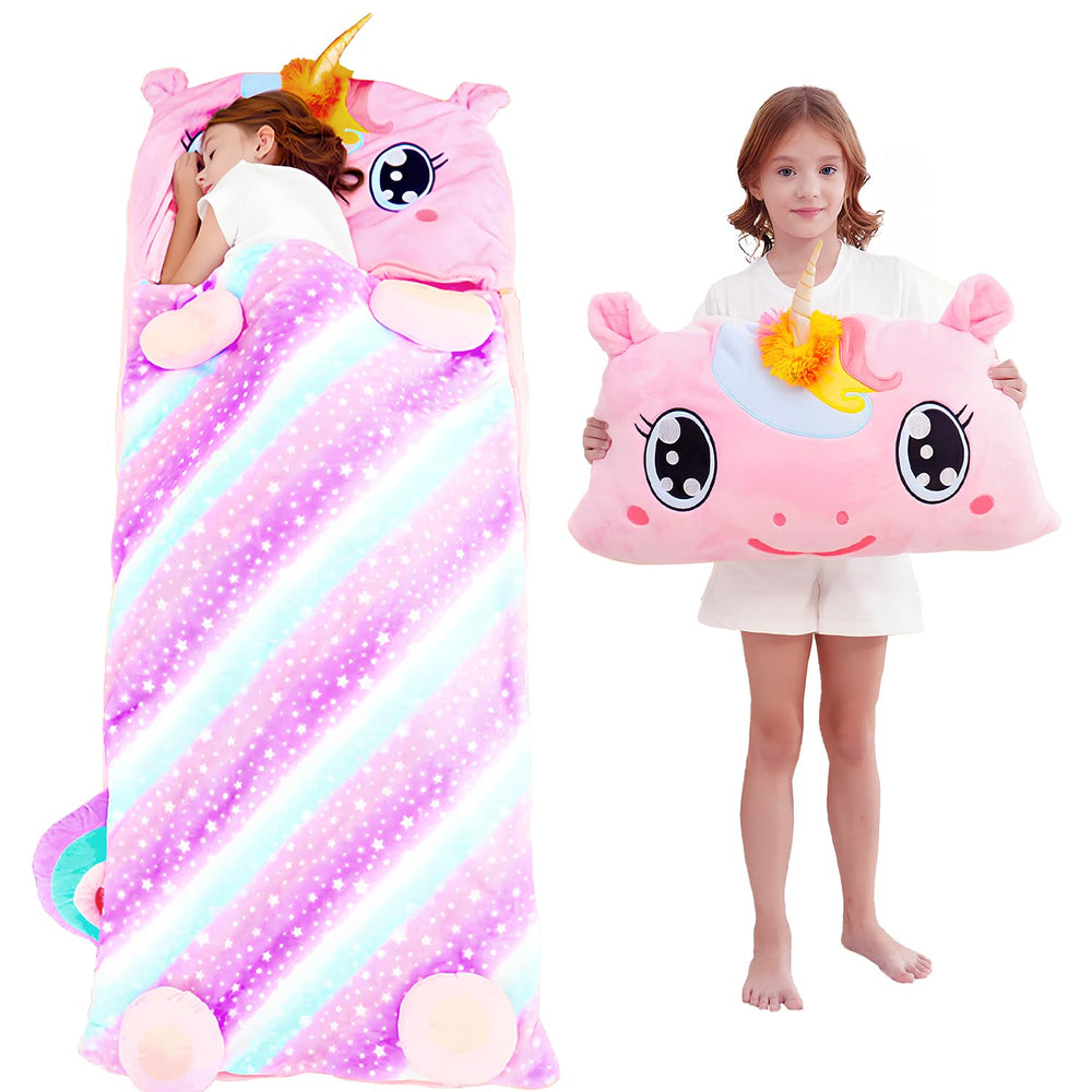 Micling kid sleeping bag unicorn flat lay showing 3-in-1 design for on-the-go comfort