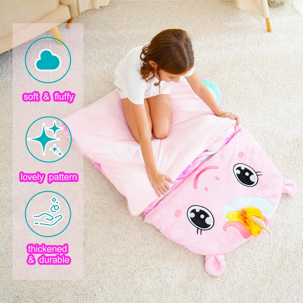 Micling unicorn sleeping bag size details 70in by 27in by 3in for ages 3-12