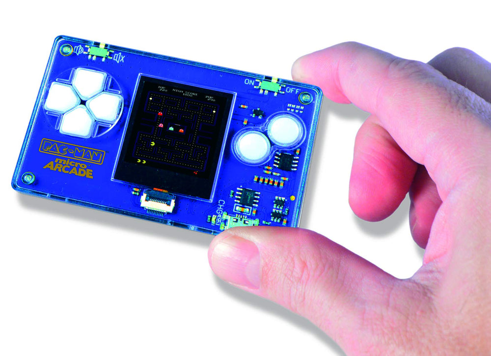 Micro Arcade Pacman Multi side view highlighting compact travel buddy for quick sessions.