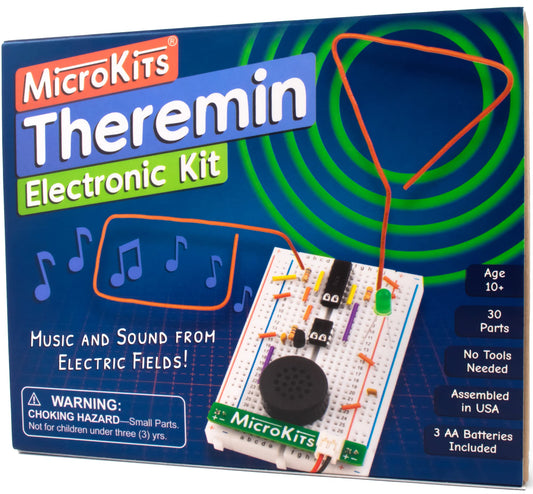 MicroKits Theremin kit front view showcasing beginner-friendly setup for hands-on electronics.