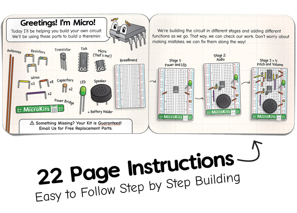 MicroKits Theremin instruction booklet page showing step-by-step build for confident experimentation.