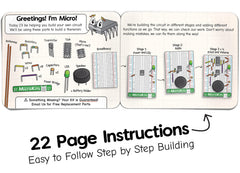 MicroKits Theremin instruction booklet page showing step-by-step build for confident experimentation.