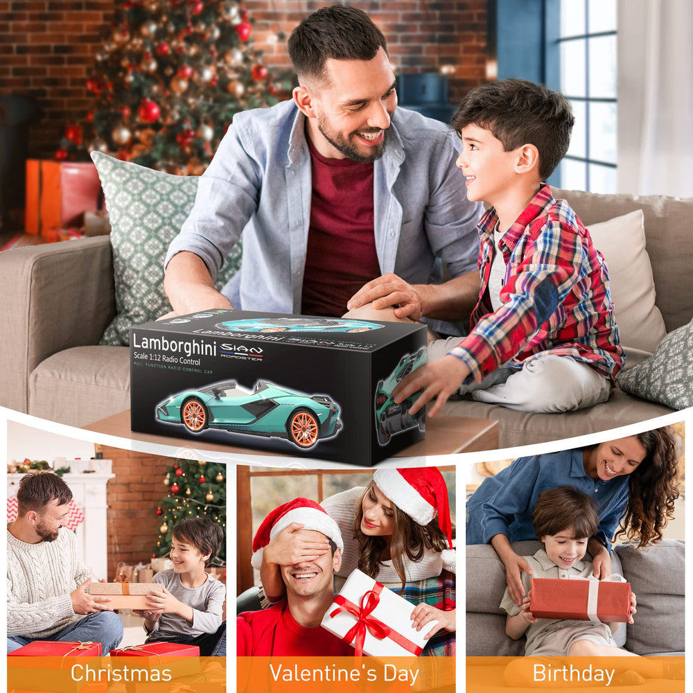MIEBELY Lamborghini RC car battery-charging image shows rechargeable power for long sessions.