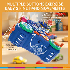 Manual rotation teaches cause-and-effect as gears turn smoothly.