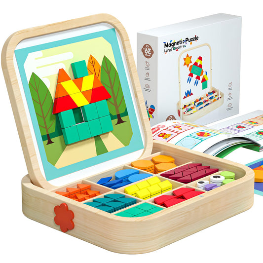 Migargle 288-piece wooden magnetic pattern blocks set for collaborative learning and problem solving
