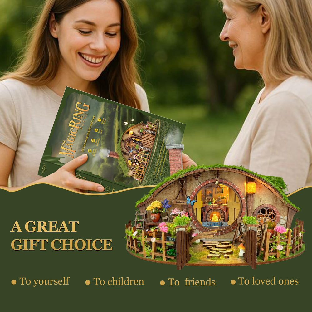 Miggley The Magic Ring House garden path adds a charming backdrop to shelves.