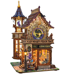 Miggley Time Magic Club clock shop glows warmly on a bookshelf.