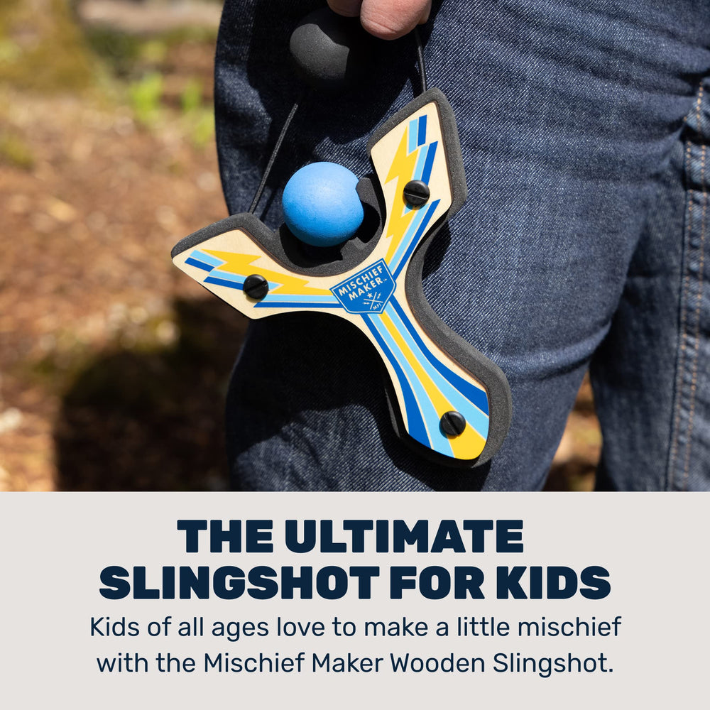 Mighty Fun Mischief Maker blue slingshot side view highlighting racing-inspired design for imaginative play