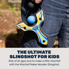 Mighty Fun Mischief Maker blue slingshot side view highlighting racing-inspired design for imaginative play