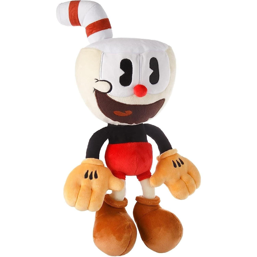 Mighty Mojo Cuphead Mugman plush displayed on a shelf for collection display.