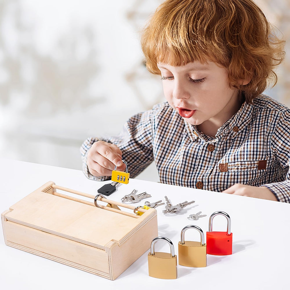 MIKNEKE wooden tray keeps locks and keys organized for play